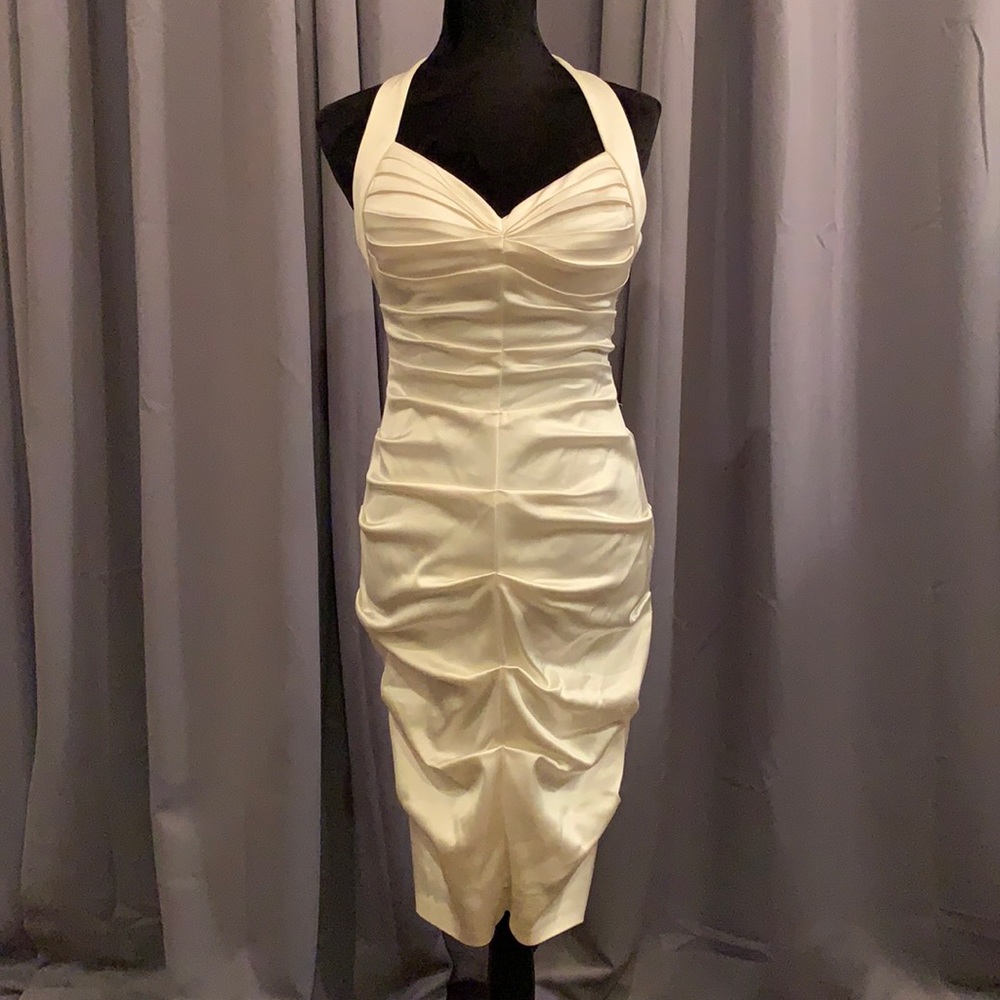 Sophisticated White Satin Betsy&Adam Formal Dress